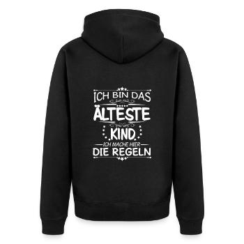 Das älteste Kind Ich mache hier die Regeln - Unisex Premium Bio Zip Hoodie - Schwarz - Hinten - Nico (187cm)