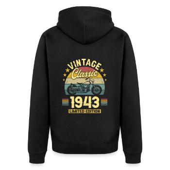 Oldtimer Motorrad 1943 80 Jahre Jubiläum - Unisex Premium Bio Zip Hoodie - Schwarz - Hinten - Nico (187cm)