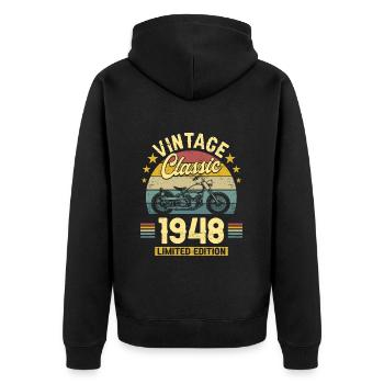 Oldtimer Motorrad 1948 75 Jahre Jubiläum - Unisex Premium Bio Zip Hoodie - Schwarz - Hinten - Nico (187cm)