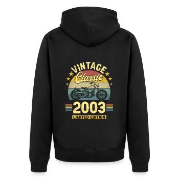 Vintage Motorrad 2003 20 Jahre Jubiläum - Unisex Premium Bio Zip Hoodie - Schwarz - Hinten - Nico (187cm)