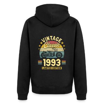 Oldtimer Motorrad 1993 30 Jahre Jubiläum - Unisex Premium Bio Zip Hoodie - Schwarz - Hinten - Nico (187cm)