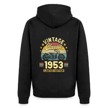 Oldtimer Motorrad 1953 70 Jahre Jubiläum - Unisex Premium Bio Zip Hoodie - Schwarz - Hinten - Nico (187cm)