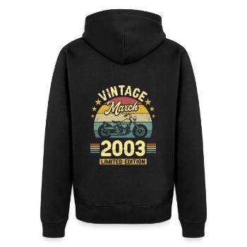 Oldtimer-Biker Jahrgang März 2003 20-jähriges Jubiläum - Unisex Premium Bio Zip Hoodie - Schwarz - Hinten - Nico (187cm)