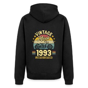 Oldtimer-Biker Jahrgang März 1993 30-jähriges Jubiläum - Unisex Premium Bio Zip Hoodie - Schwarz - Hinten - Nico (187cm)