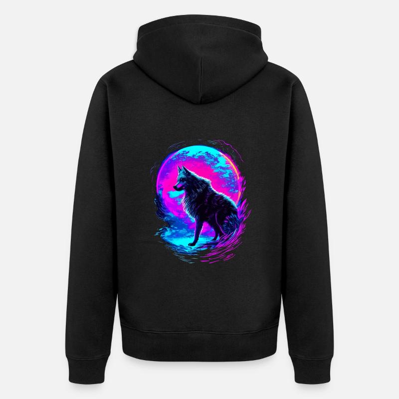 Wolf Neon Moon Synthwave - Unisex Premium Organic Zip Hoodie - black
