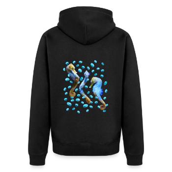 Tanzendes Seepferdchen mit Wasserblasen, Natürlich - Unisex Premium Bio Zip Hoodie - Schwarz - Hinten - Nico (187cm)
