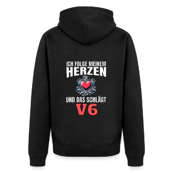 Lustiger Spruch Ich folge meinem Herzen V6 - Unisex Premium Bio Zip Hoodie - Schwarz - Hinten - Nico (187cm)