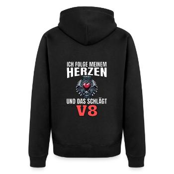 Lustiger Spruch Ich folge meinem Herzen V8 - Unisex Premium Bio Zip Hoodie - Schwarz - Hinten - Nico (187cm)