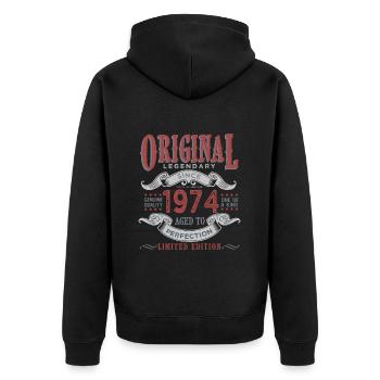 Born in 1974 1974 Birthday Gift - Unisex Premium Organic Zip Hoodie - black - Back - Nico (187cm)