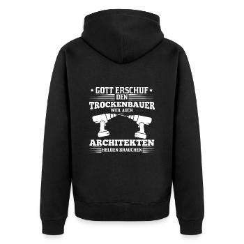 Trockenbauer Spruch Tischler Helden Architekten - Unisex Premium Bio Zip Hoodie - Schwarz - Hinten - Nico (187cm)