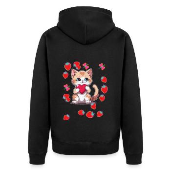 80er Retro Katze Katzen Erdbeeren Erdbeer Kinder - Unisex Premium Bio Zip Hoodie - Schwarz - Hinten - Nico (187cm)