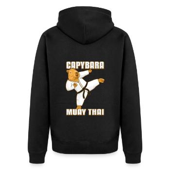 Muay Thai Kämpfer Gi Capybara - Unisex Premium Bio Zip Hoodie - Schwarz - Hinten - Nico (187cm)