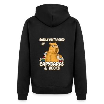 Easily distracted by Capybaras & Books - Unisex Premium Organic Zip Hoodie - black - Back - Nico (187cm)