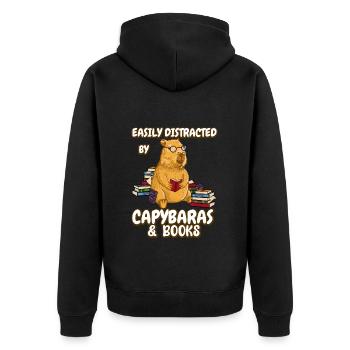 Easily distracted by Capybaras & Books - Unisex Premium Bio Zip Hoodie - Schwarz - Hinten - Nico (187cm)