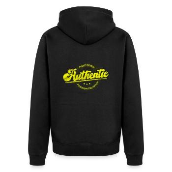 Authentisches Premiumprodukt aus reinem Denim gelb - Unisex Premium Bio Zip Hoodie - Schwarz - Hinten - Nico (187cm)