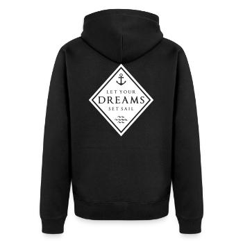 MARITIM, LET YOUR DREAMS SET SAILS MIT ANKER - Unisex Premium Bio Zip Hoodie - Schwarz - Hinten - Nico (187cm)