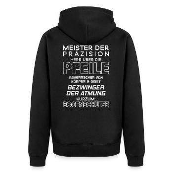 Bogenschütze/Bogenschießen/Pfeil/Bogen/Sehne - Unisex Premium Bio Zip Hoodie - Schwarz - Hinten - Nico (187cm)