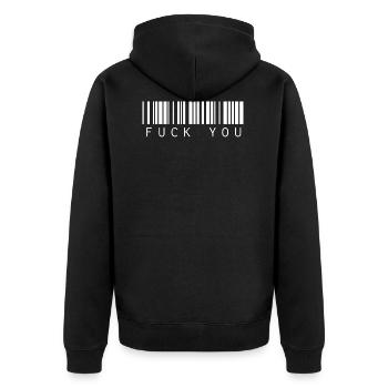 Fuck You Fuck Off Strichcode Barcode Cooler Spruch - Unisex Premium Bio Zip Hoodie - Schwarz - Hinten - Nico (187cm)