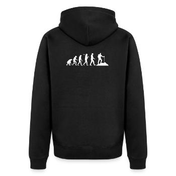 Berge Shirt · Evolution · Wandern · Natur · Berg - Unisex Premium Bio Zip Hoodie - Schwarz - Hinten - Nico (187cm)