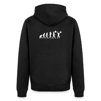Fitness Shirt · Evolution Gewichtheben Kraftsport - Unisex Premium Bio Zip Hoodie - Schwarz - Hinten - Nico (187cm)