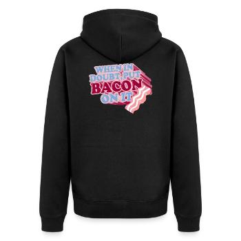 Im Zweifelsfall BACON darauf legen - Unisex Premium Bio Zip Hoodie - Schwarz - Hinten - Nico (187cm)
