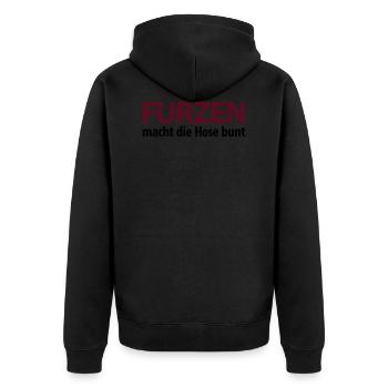 Furzen macht die Hose bunt. Kacke Scheiße Malheur - Unisex Premium Bio Zip Hoodie - Schwarz - Hinten - Nico (187cm)