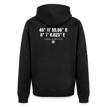 Geschenk Geocacher Koordinaten Landau - Unisex Premium Bio Zip Hoodie - Schwarz - Hinten - Nico (187cm)