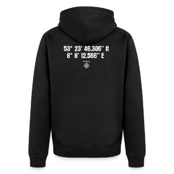 Varel Geocacher Geschenk Standort GPS Stadt - Unisex Premium Bio Zip Hoodie - Schwarz - Hinten - Nico (187cm)