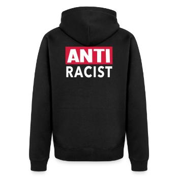 Anti Racist - Ansti Rassismus Shirt - Unisex Premium Bio Zip Hoodie - Schwarz - Hinten - Nico (187cm)