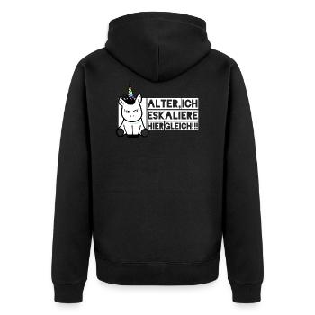 Einhorn - ...Ich eskaliere hier gleich - Unisex Premium Bio Zip Hoodie - Schwarz - Hinten - Nico (187cm)