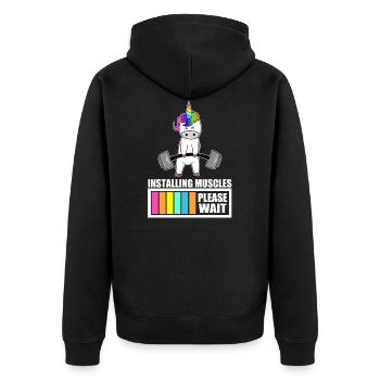 Installing Muscles Einhorn fitness workout Gym - Unisex Premium Bio Zip Hoodie - Schwarz - Hinten - Nico (187cm)