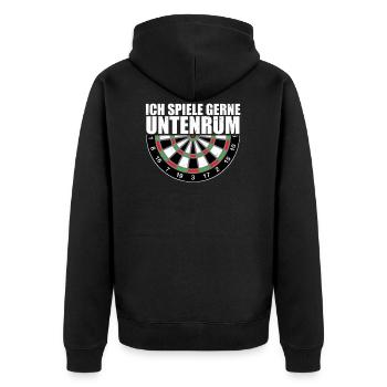 Ich spiele gerne untenrum Dart Darten Dartfan 180 - Unisex Premium Bio Zip Hoodie - Schwarz - Hinten - Nico (187cm)