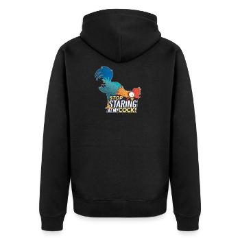 Stop staring at my cock! Funny pun, humor - Unisex Premium Organic Zip Hoodie - black - Back - Nico (187cm)