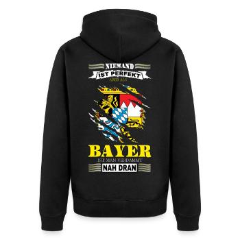NIEMAND IST PERFEKT - ALS BAYER IST MAN NAH DRAN - Unisex Premium Bio Zip Hoodie - Schwarz - Hinten - Nico (187cm)