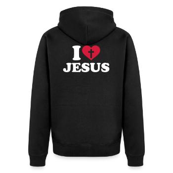 I love Jesus - Unisex Premium Bio Zip Hoodie - Schwarz - Hinten - Nico (187cm)