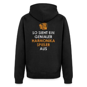 So sieht ein genialer Harmonika Spieler aus - Unisex Premium Bio Zip Hoodie - Schwarz - Hinten - Nico (187cm)