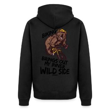 Grizzly fährt Mountainbike - Unisex Premium Bio Zip Hoodie - Schwarz - Hinten - Nico (187cm)