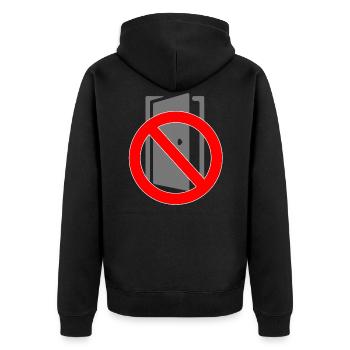 Tuer schliessen bitte | Tür schließen bitte - Unisex Premium Bio Zip Hoodie - Schwarz - Hinten - Nico (187cm)