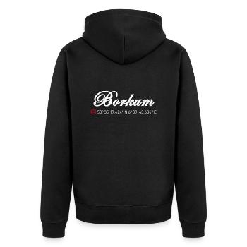 Borkum Koordinaten - Unisex Premium Bio Zip Hoodie - Schwarz - Hinten - Nico (187cm)
