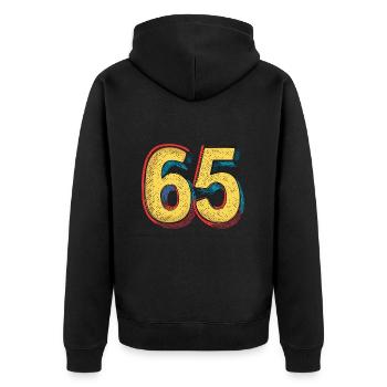 65 Zahl Bunt - Unisex Premium Bio Zip Hoodie - Schwarz - Hinten - Nico (187cm)