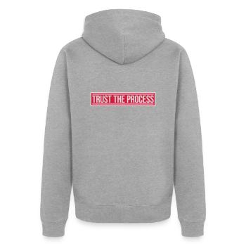 trust the process Zitat - Unisex Premium Bio Zip Hoodie - Grau meliert - Hinten - Nico (187cm)