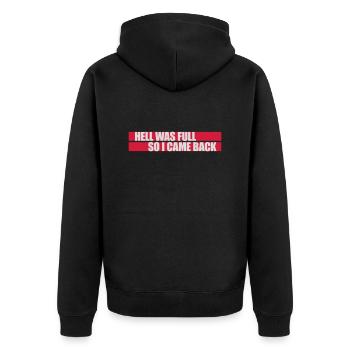 hell was full Zitat - Unisex Premium Bio Zip Hoodie - Schwarz - Hinten - Nico (187cm)