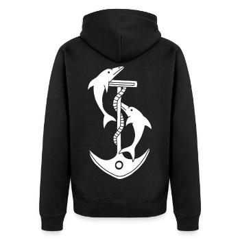 Anker und Delfine (weiß) - Unisex Premium Bio Zip Hoodie - Schwarz - Hinten - Nico (187cm)