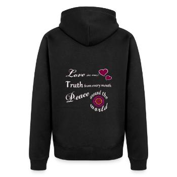 Achtsamkeit Spruch Shirt– Love in Our Hearts - Unisex Premium Bio Zip Hoodie - Schwarz - Hinten - Nico (187cm)