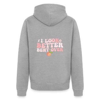 Ich sehe besser gebeugt aus - Unisex Premium Bio Zip Hoodie - Grau meliert - Hinten - Nico (187cm)