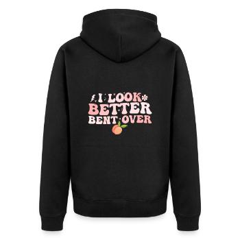 Ich sehe besser gebeugt aus - Unisex Premium Bio Zip Hoodie - Schwarz - Hinten - Nico (187cm)