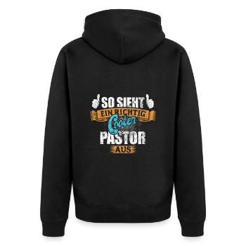 So sieht ein richtig cooler Pastor aus - Unisex Premium Bio Zip Hoodie - Schwarz - Hinten - Nico (187cm)