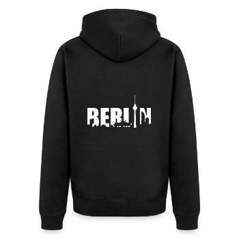 Berliner Skyline Design Silhouette Fernsehturm - Unisex Premium Bio Zip Hoodie - Schwarz - Hinten - Nico (187cm)