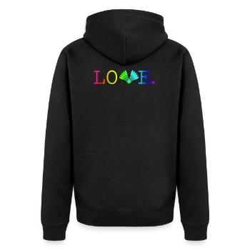 Badminton Love quode colors T-Shirt - Unisex Premium Bio Zip Hoodie - Schwarz - Hinten - Nico (187cm)