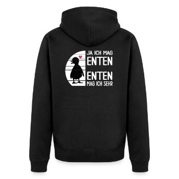 Ente "ich mag Enten" Watschelente Hausente - Unisex Premium Bio Zip Hoodie - Schwarz - Hinten - Nico (187cm)